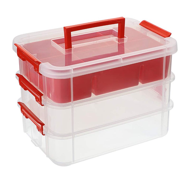 JUXYES 3-Tiers Stack Carry Storage Box With Divided Tray, Transparent Stackable Storage Bin With Handle Lid Latching Storage Container for School & Office Supplies (Red) - Image 1